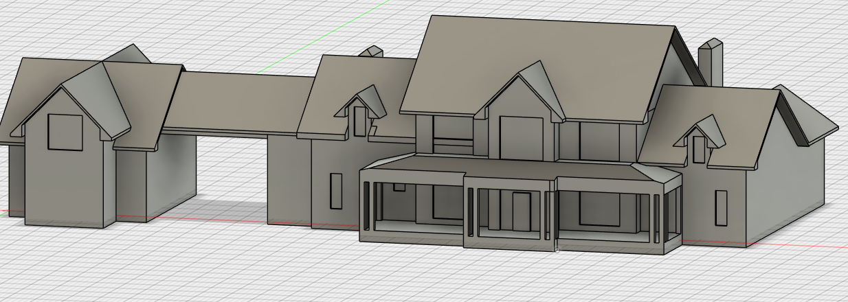 CAD design of a two-story residential home 3D model showing rooflines and porch
